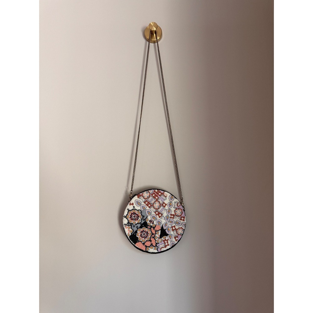 Anthropologie Florence Beaded Round Crossbody Bag Floral Striped Tassel - Picture 2 of 9